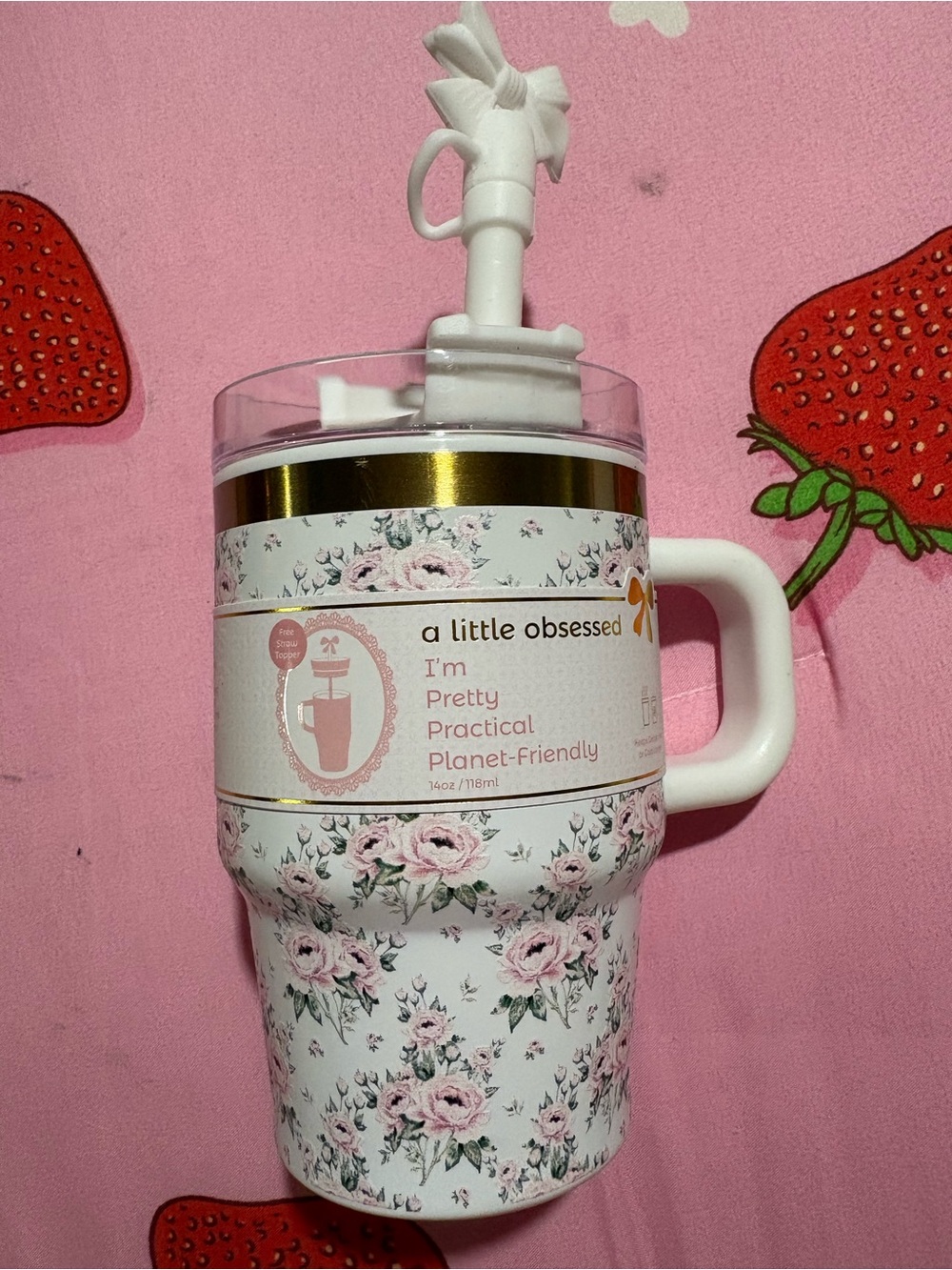 Pink Floral Insulated Travel Mug with Handle